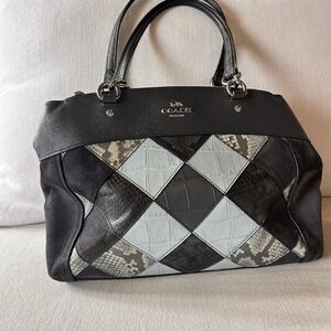 Coach Brooke Carryall Suede Snakeskin Leather Patchwork Satchel Navy Prairie